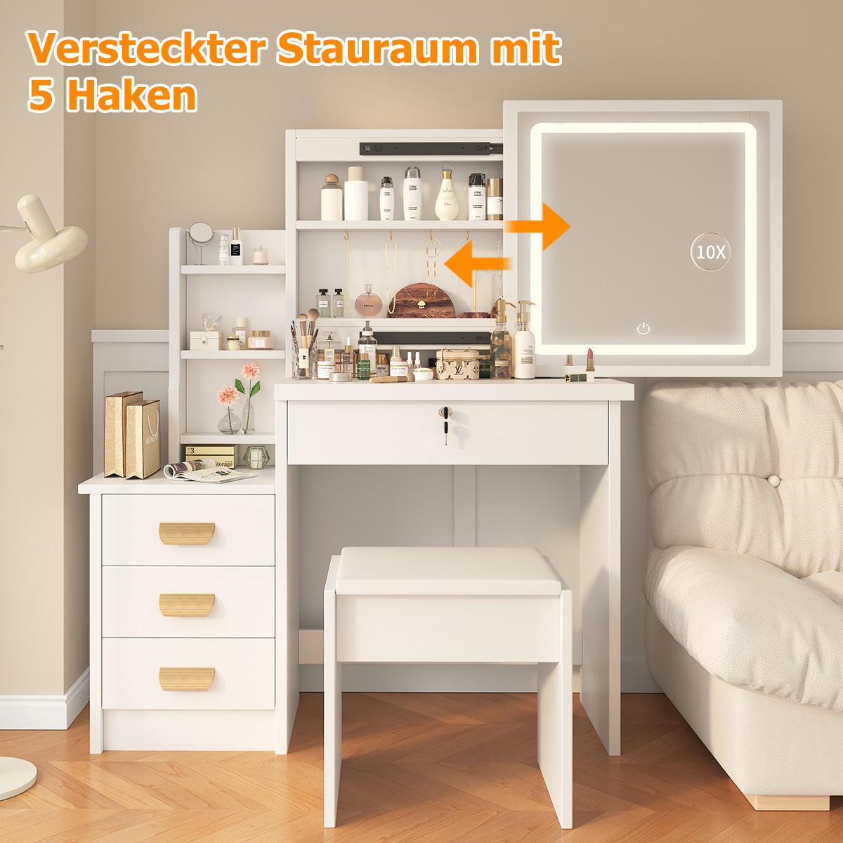 SCHMINKTISCH mit LED-Spiegel und Hocker, 87 L x 36 T x 136 H cm, 3 Beleuchtungsmodi, mit 4 Schubladen und 7 Ablagen, Weiß - Weiß, Holzwerkstoff (36/136/87cm)