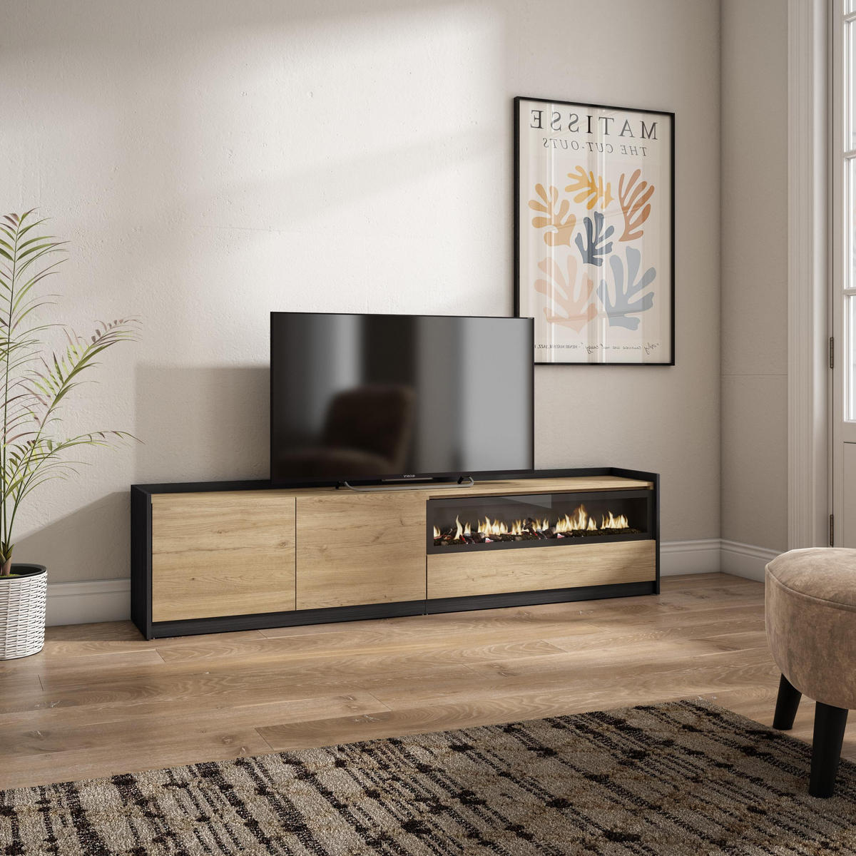 TV-SCHRANK, Lowboard, Eiche Schwarz, Elektrokamin, 207/37/50cm - Eichefarben, Holzwerkstoff (207/50/37cm) - Skraut Home