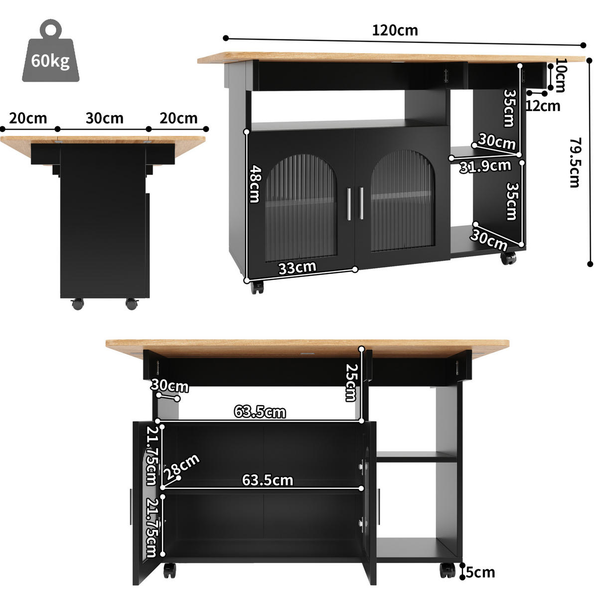 KÜCHENINSEL 120/79,5/30 cm Schwarz/Natur aus MDF und Glas mit klappbarer Tischplatte - Schwarz, Holzwerkstoff (30/79.5/120cm) - OKMYHOME