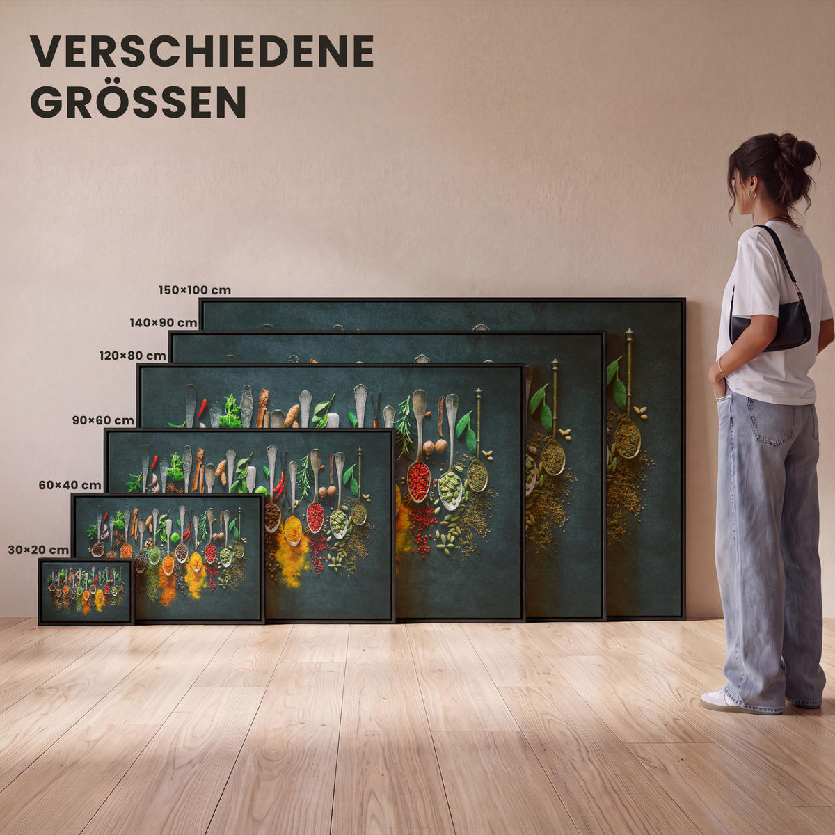 LEINWAND Bilder mit Rahmen - Kräuter - Gewürze - Löffel - 90x60 - Currygelb, Textil (90/60cm) - MuchoWow
