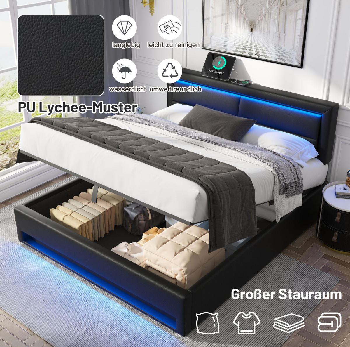 POLSTERBETT 140/200 cm mit LED-Beleuchtung, USB und Bettkasten in Schwarz - Schwarz, Kunststoff (140/200cm) - BEAOK