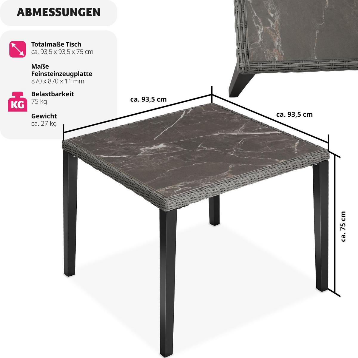GARTENTISCH Tarent,93,5 x 93,5 x 75 cm,grau - Grau, Kunststoff (93.5/93.5/75cm) - tectake