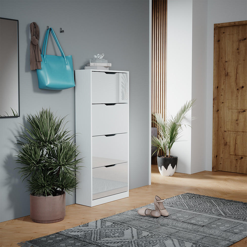 SCHUHKIPPER Luca Weiß/Weiß Hochglanz 59 x 137 cm mit 4 Klappschubladen - Weiß Hochglanz, Holzwerkstoff (59/137/22cm) - Vicco