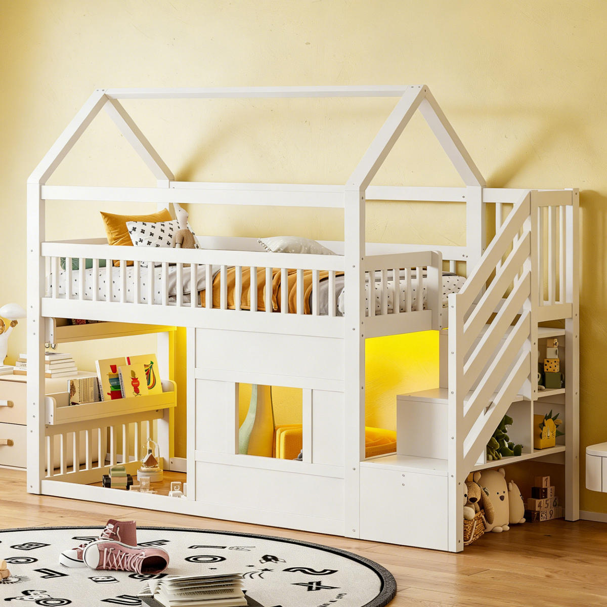 HAUSBETT 90/200 cm in Weiß mit Treppe, Ablage und LED aus Kiefernholz - Weiß, Holzwerkstoff - STILVORA