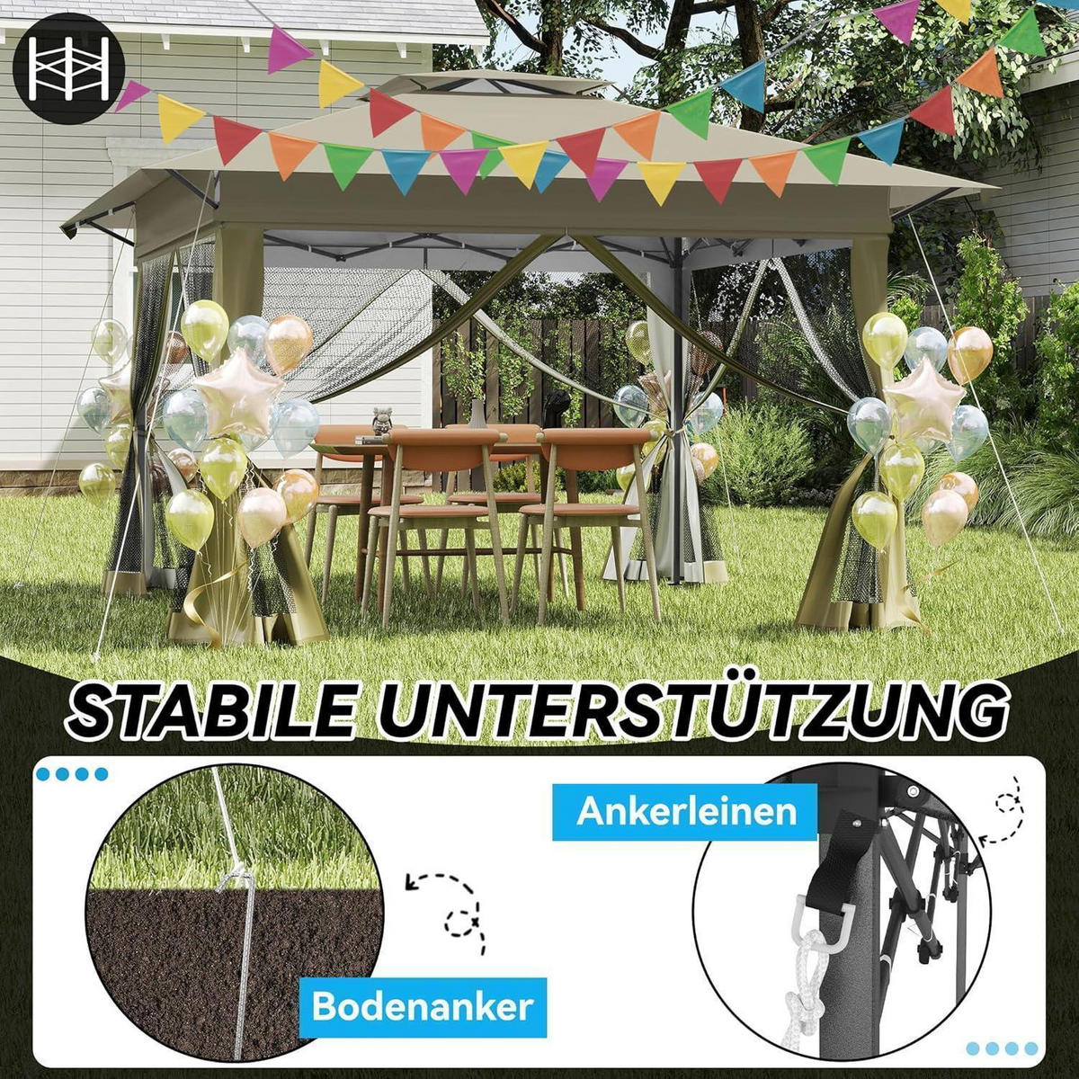 GARTENPAVILLON 4 x 4 m mit Moskitonetz Khaki - Olivgrün, Metall (400/285/400cm)