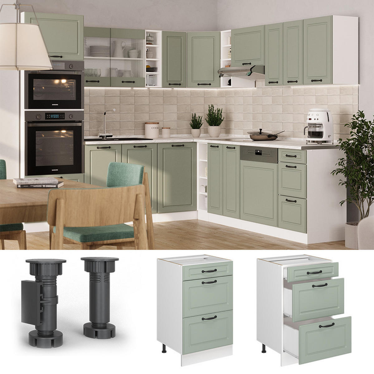 KÜCHENUNTERSCHRANK R-Line, Mint Landhaus/Weiß, 50 cm Arbeitsplatte Marmor - Weiß/Grün, Holzwerkstoff (50/81.6/60cm) - Vicco