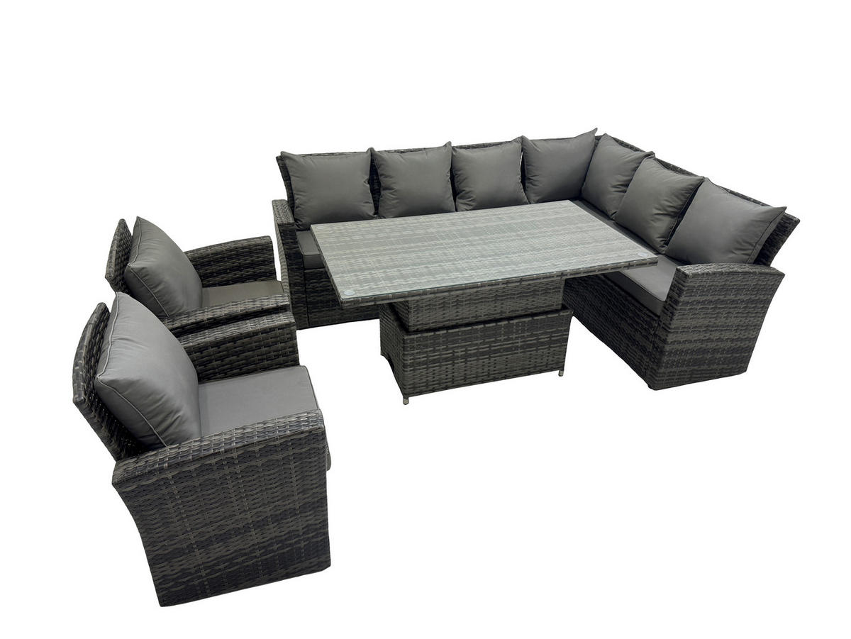 GARTENSET mit höhenverstellbarer Tisch Polyrattan 8-Sitzer - Dunkelgrau/Grau, Glas/Kunststoff - Fimous