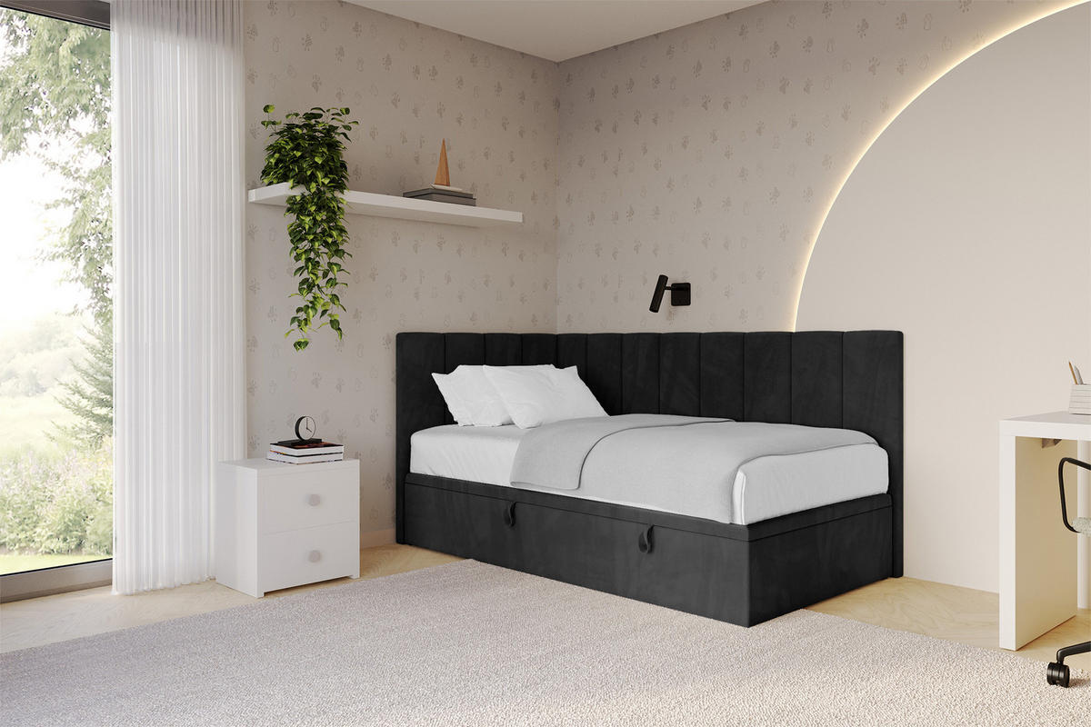 EINZELBETT Jugendbett mit Bettkasten Rechts, ohne Matratze - LOVY 100x200 Schwarz - Schwarz, Holzwerkstoff/Textil (100/200cm) - ALTDECOR