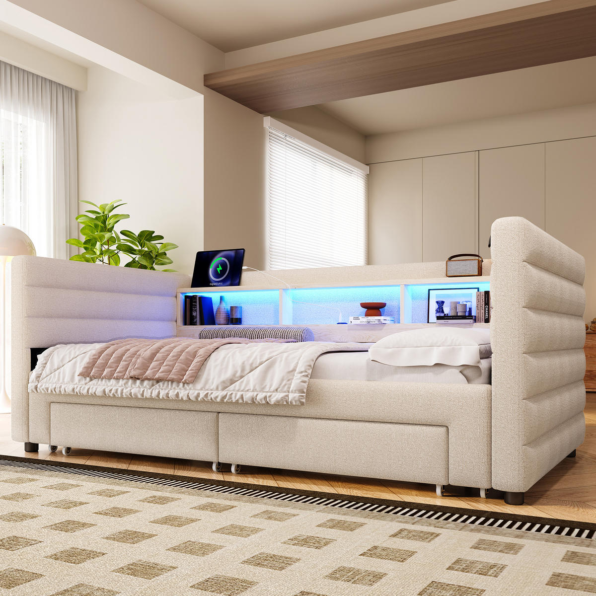 TAGEBETT 90x190cm Beige Samt Ausziehbett 2 Schubladen USB-C LED-Licht - Beige, Holz (90/190cm) - FLIEKS