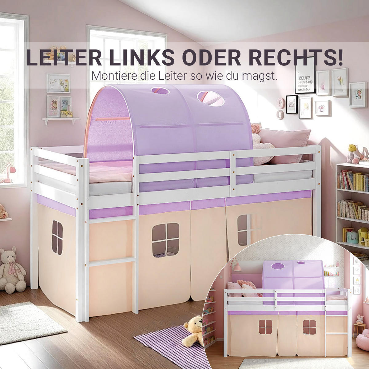 HOCHBETT 90/200 cm in weiß mit Bettvorhang + Tunnel in peach - Lila/Weiß, Holz - Homestyle4u
