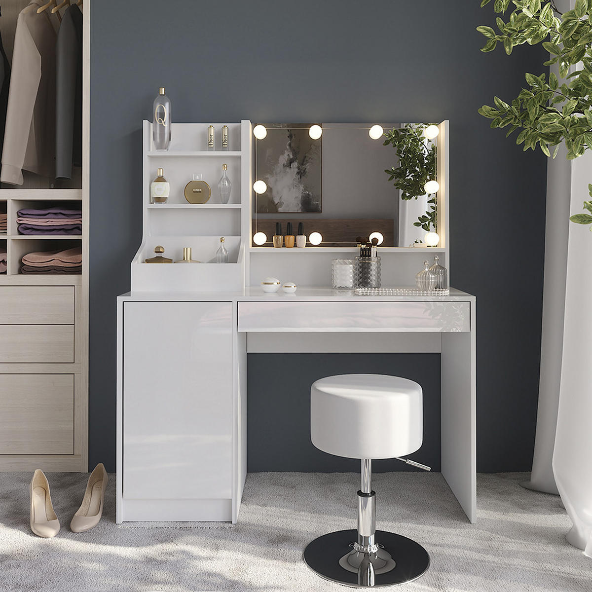 SCHMINKTISCH Sherry Weiß/Weiß Hochglanz 119.8 cm 5 Teile - Weiß Hochglanz, Holzwerkstoff (119.8/76/50.1cm) - Vicco
