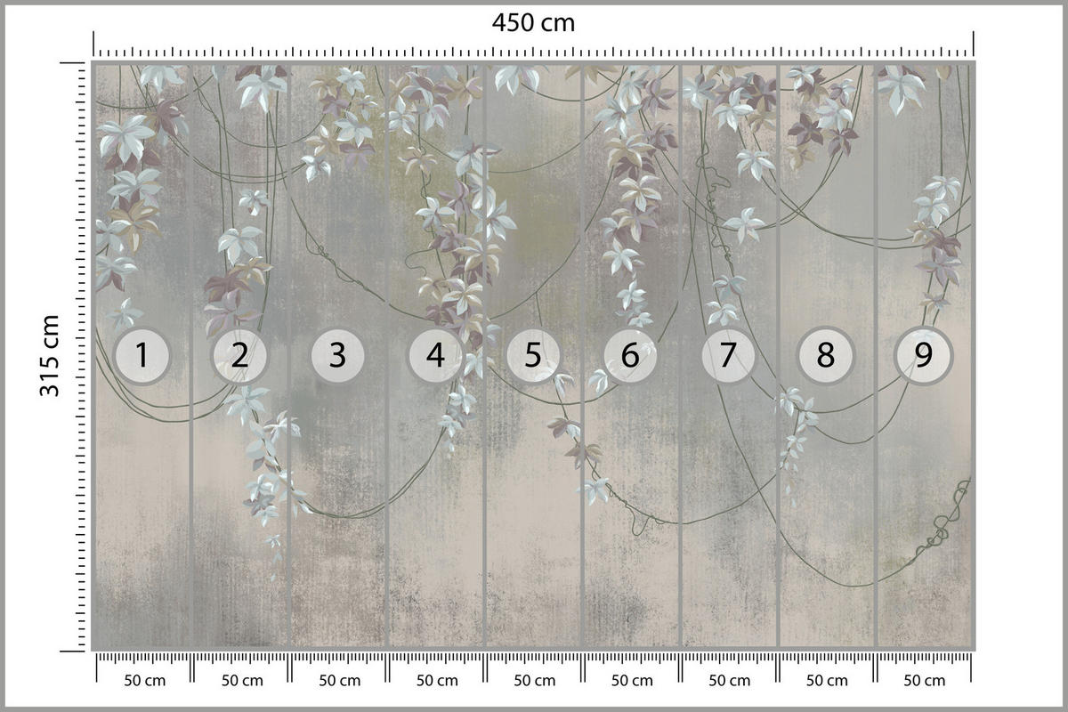 FOTOTAPETE für Wohnzimmer Abstrakte Blüten Lianen Beton Wand 450x315 - Grau, Papier (450/315cm) - Muralo