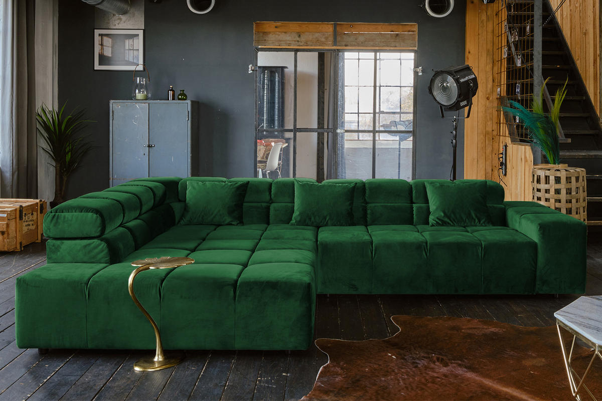 ECKSOFA MIT MOTORISCHEM SITZVORZUG NEVADA Smaragdgrün Velvet - Smaragdgrün/Schwarz, Textil (319/215cm) - KAWOLA