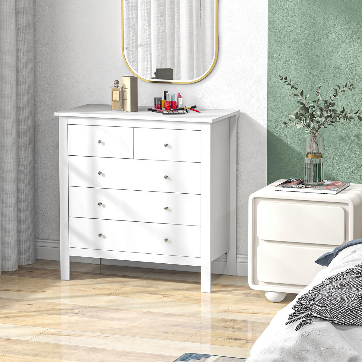 KOMMODE Beistellschrank mit 5 Schubladen Sideboard mit Anti-Kipp-Schutz Weiß - Weiß, Metall (39.5/80.5/79cm) - HOMCOM