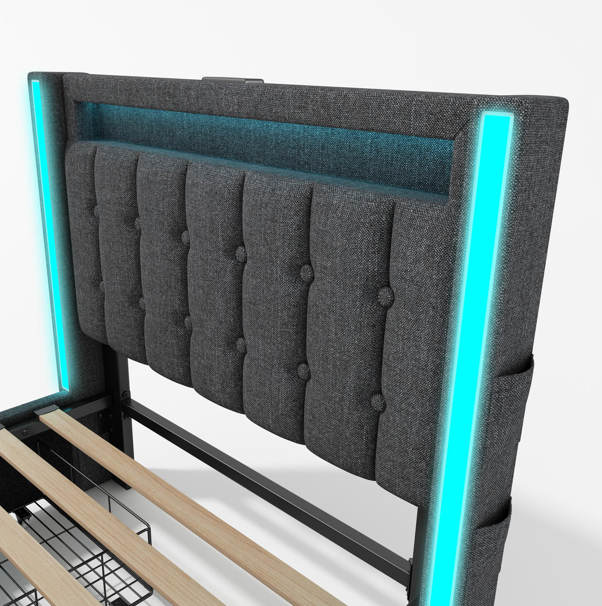 OBLAZINJENA postelja 90/200 cm z LED osvetlitvijo, USB in Type-C polnjenjem ter 2 predaloma, Siva - siva, tekstil (90/90cm) - Redom