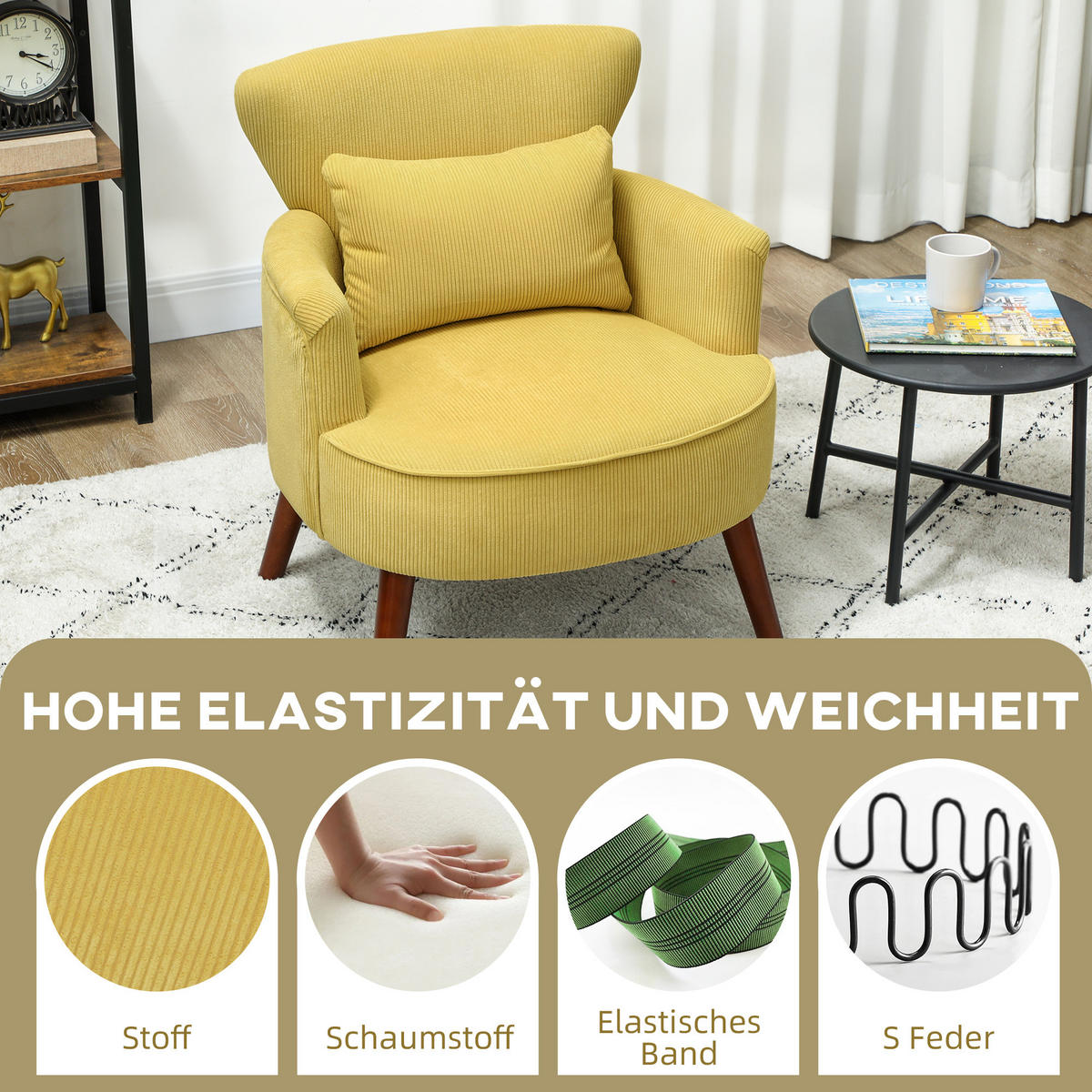 SESSEL mit Rückenlehne, abgerundeten Armlehnen Gepolstert Loungesessel Kordoptik - Gelb, Holz/Textil (69/78/69.5cm) - HOMCOM