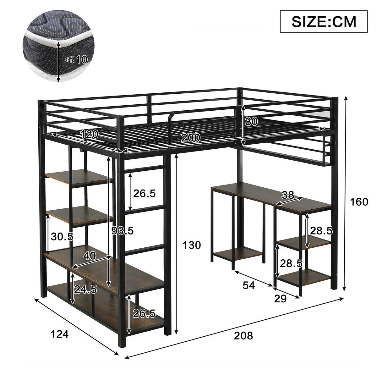 HOCHBETT 120/200 cm mit Schreibtisch und Ablagefläche in Schwarz/Dunkelwalnuss - Schwarz, Metall (120/200cm) - Flora Grace
