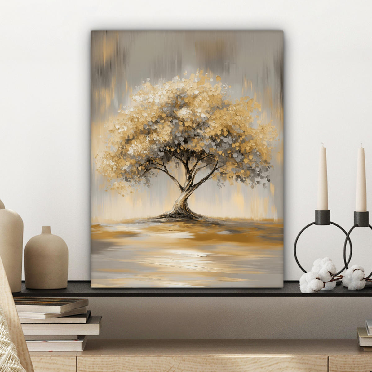 LEINWANDBILD Gemälde - Baum - Abstrakt - Blätter Room Decor 30x40 cm - Beige, Textil (30/40cm) - MuchoWow