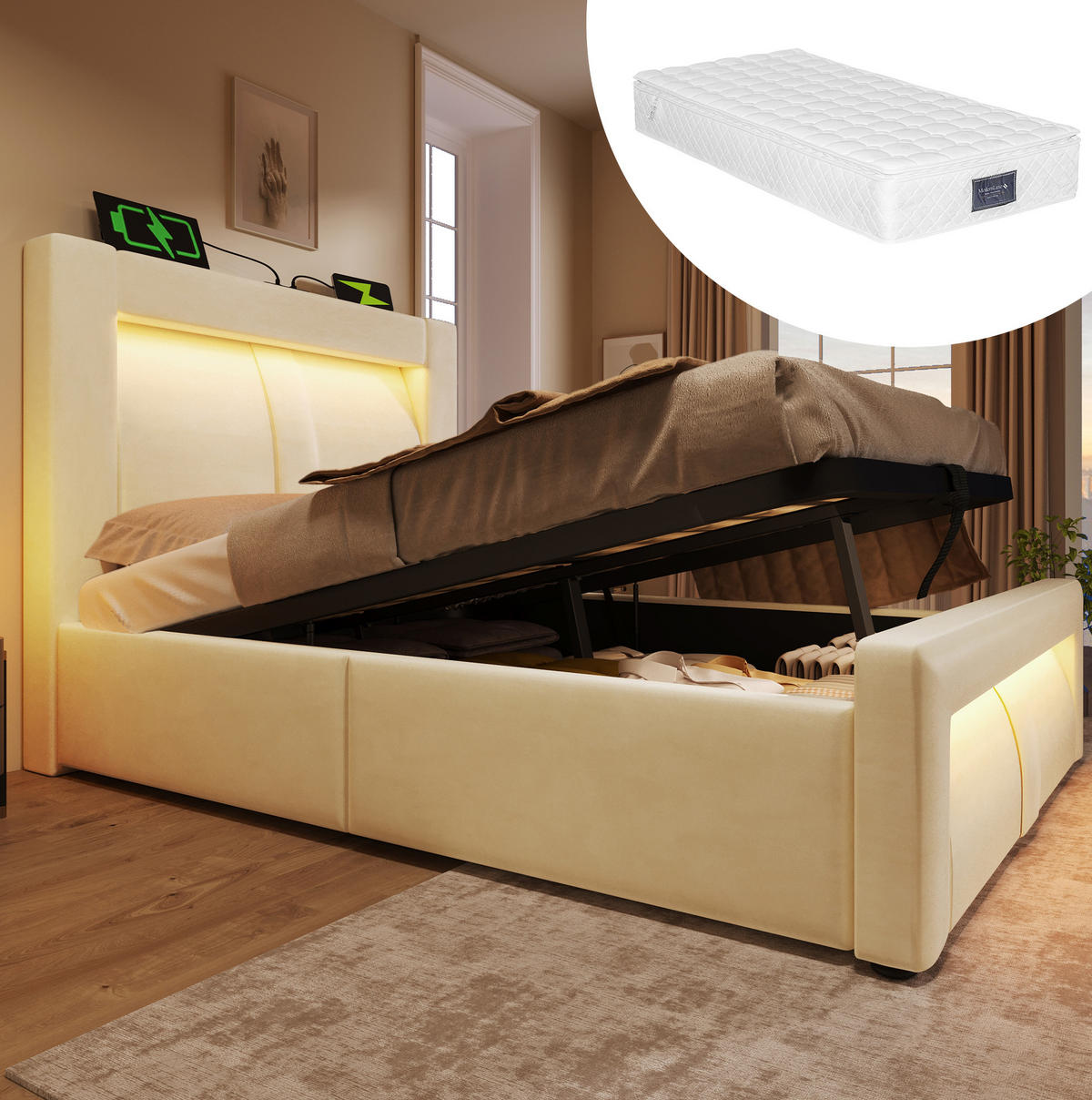 POLSTERBETT 90/200 cm Beige aus Samt mit LED und Stauraum mit Matratze - Beige, Textil (90/200cm) - OKWISH