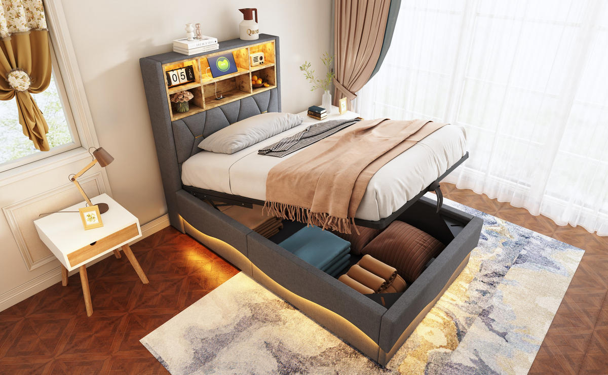 POLSTERBETT 90x200 cm mit LED, USB, Stauraum, Leinen, Grau - Grau, Holz (90/200cm)
