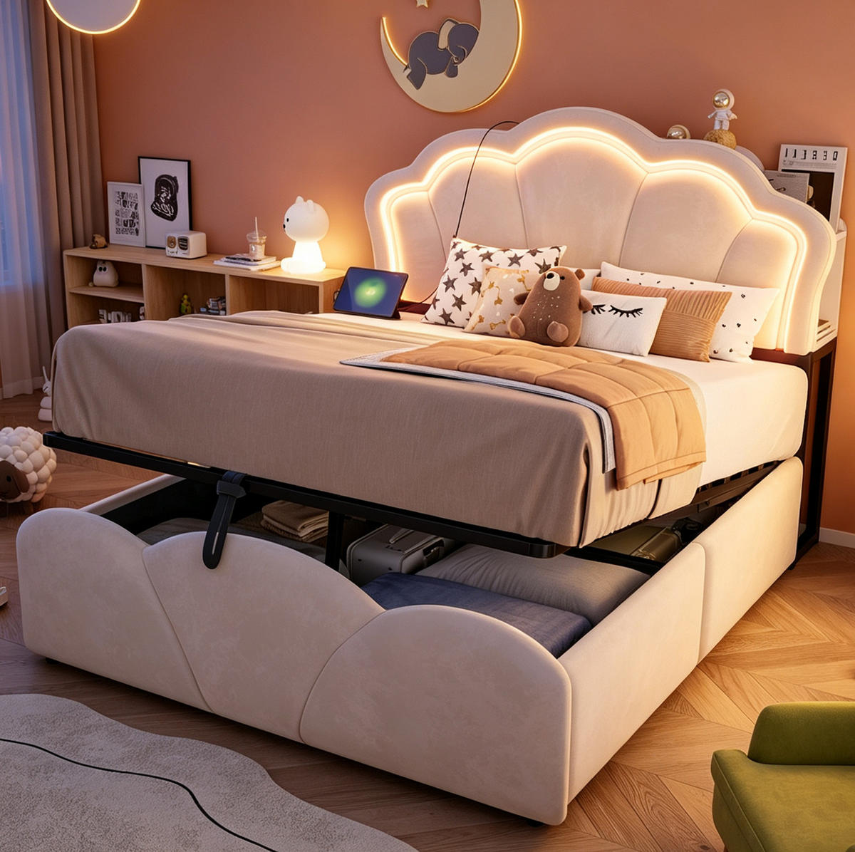 POLSTERBETT 140/200 cm aus Samt mit Stauraum, LED und Steckdosen Beige - Beige, Textil (140/200cm) - OKMYHOME