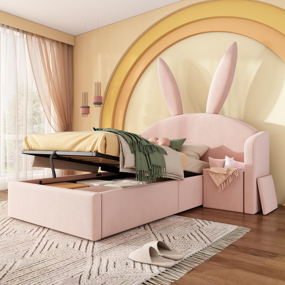 POLSTERBETT 90/200 cm, Rosa mit Nachttisch und Stauraum ohne Matratze - Rosa, Textil (90/200cm) - MIVRAY
