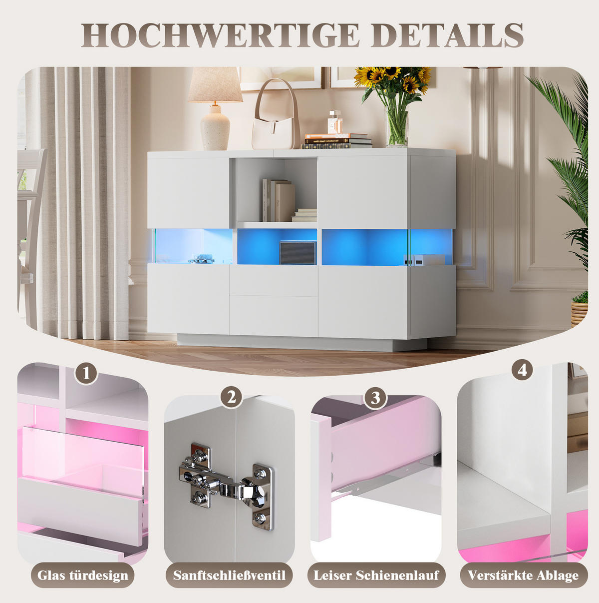 SIDEBOARD 140/35/75 cm mit LED-Beleuchtung, Glasvitrine und Schubladen, Holzwerkstoff, Weiß - Weiß, Holzwerkstoff (140/75/35cm) - Redom
