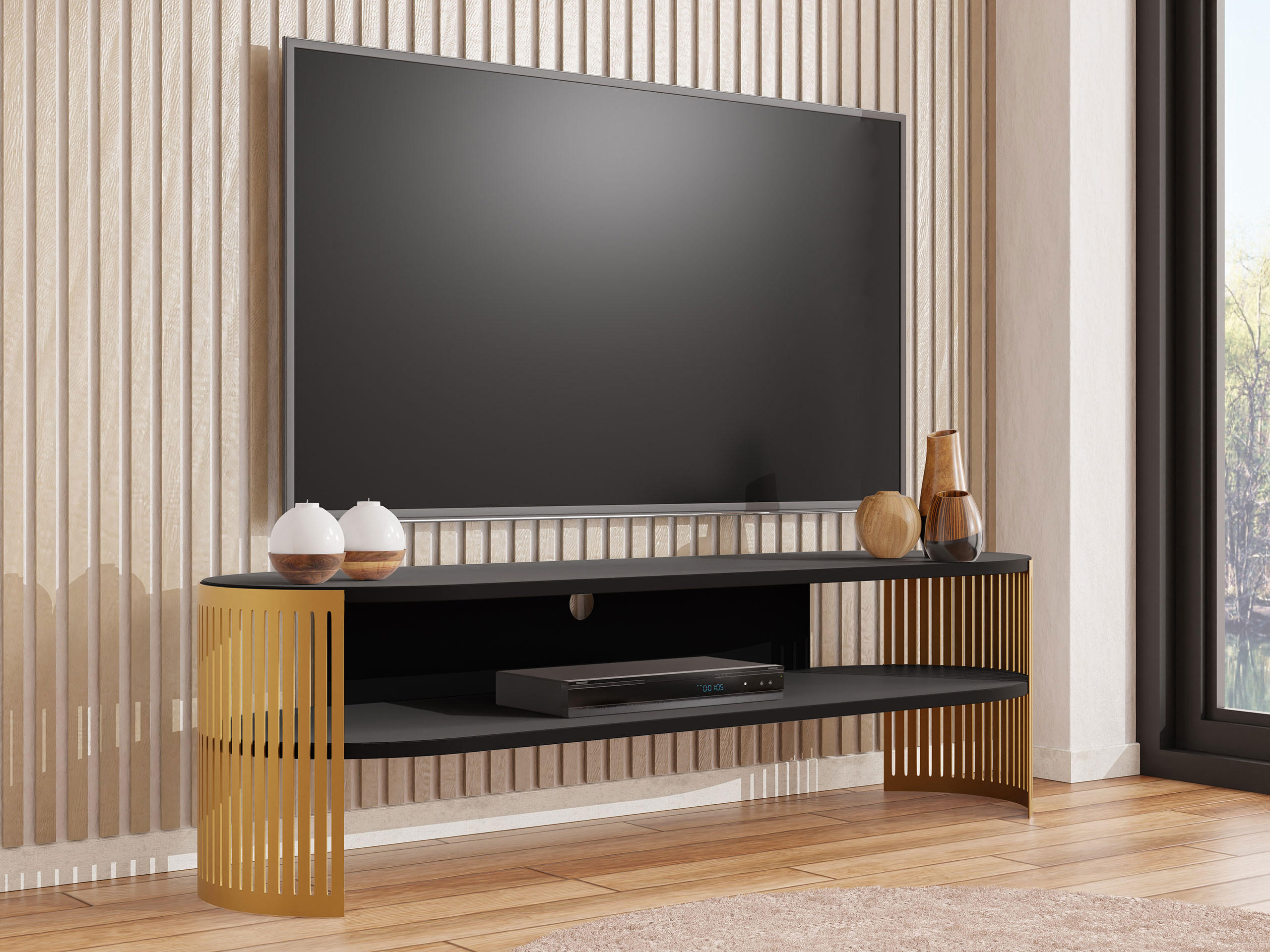 TV-LOWBOARD Fikoli Oval Gold - Goldfarben/Schwarz, Holzwerkstoff/Metall (140/40/40cm) - MIRJAN24