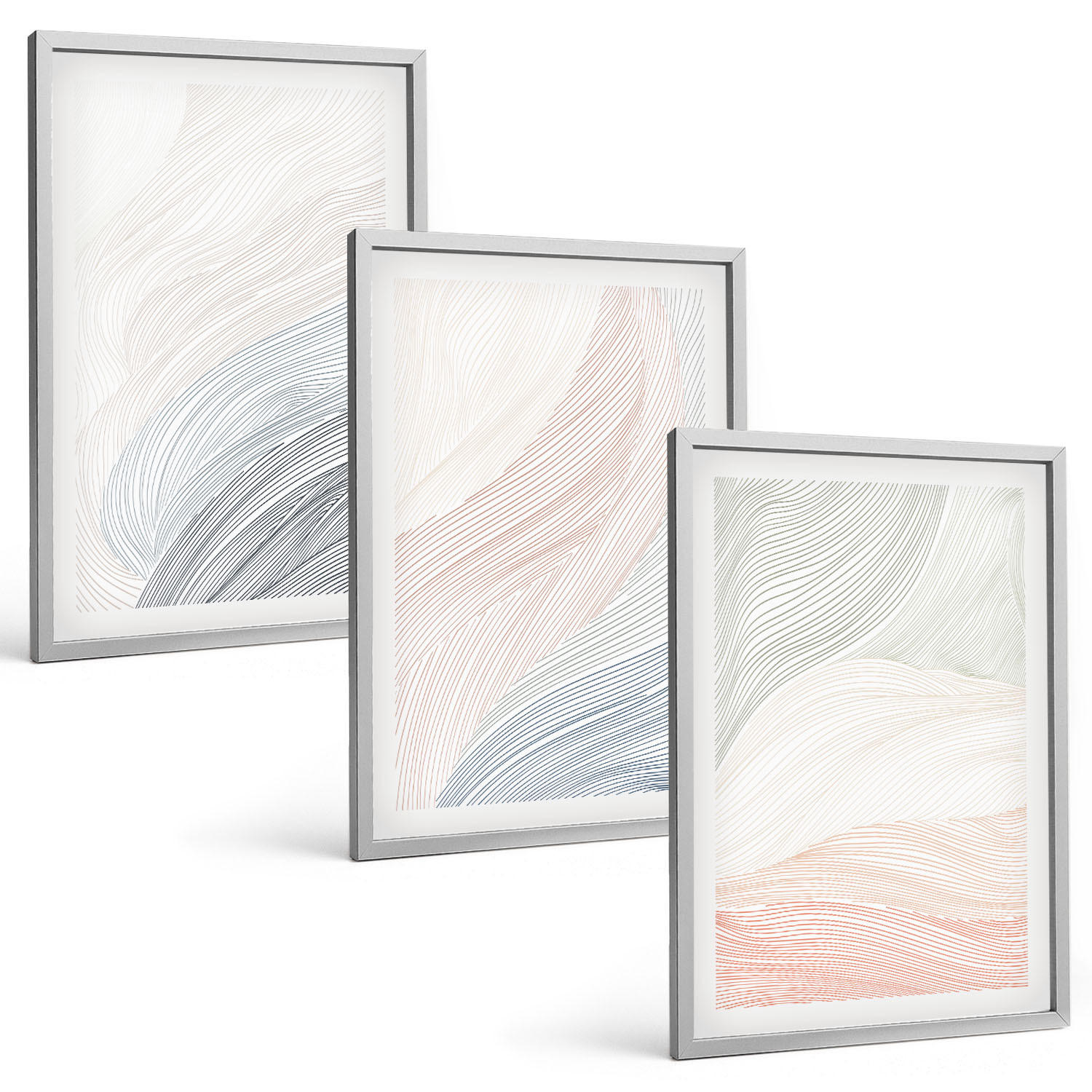 BILDER SET 3er Set - 40x60 cm Silberner Rahmen - Abstrakte Wellen, Karton, Pastell - Silberfarben, Kunststoff (40/60cm) - TULUP