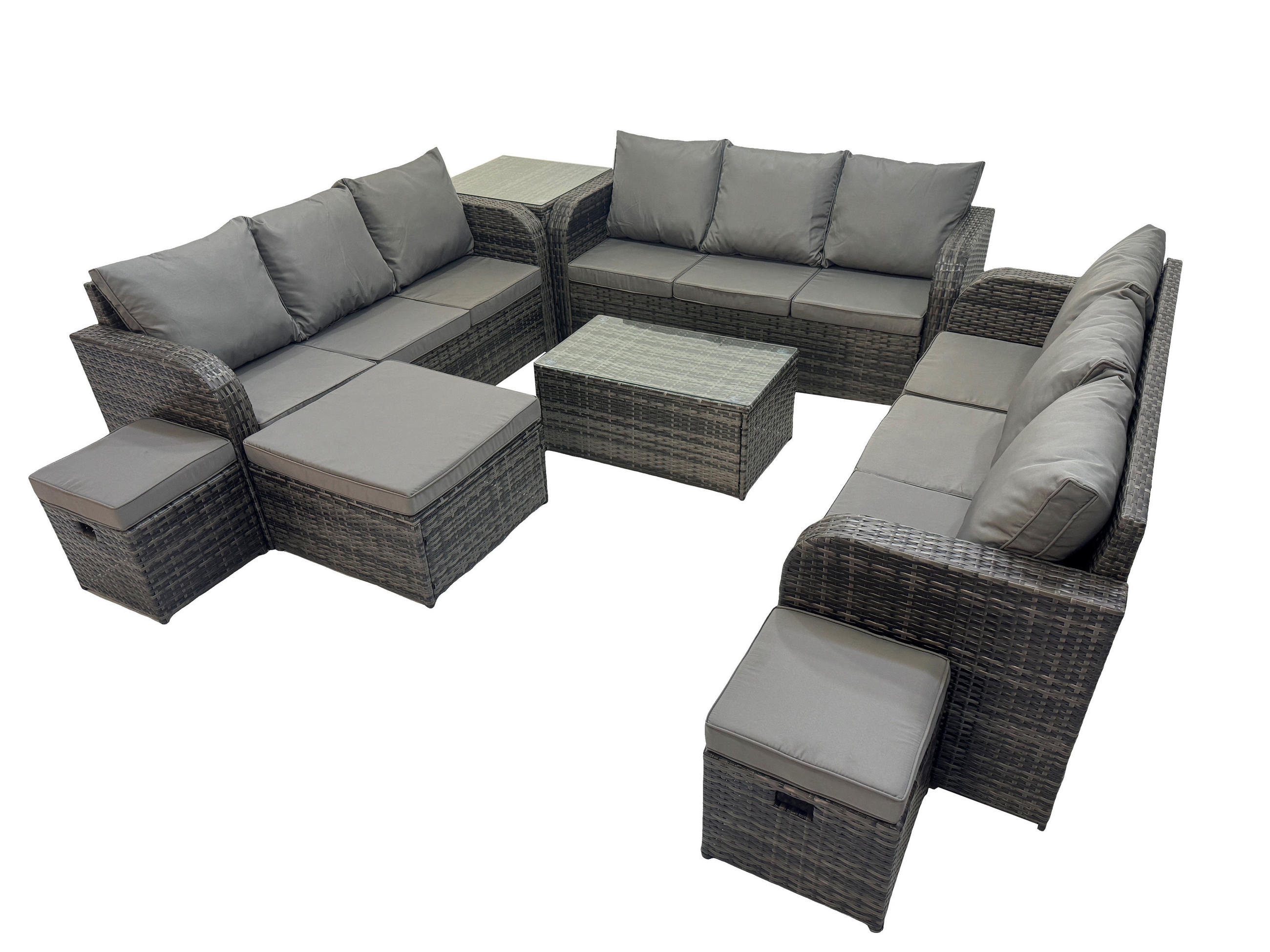 GARTENMÖBELGARNITUR mit KISSEN Polyrattan Dunkelgrau 12-Sitzer - Dunkelgrau/Grau, Glas/Kunststoff - Fimous