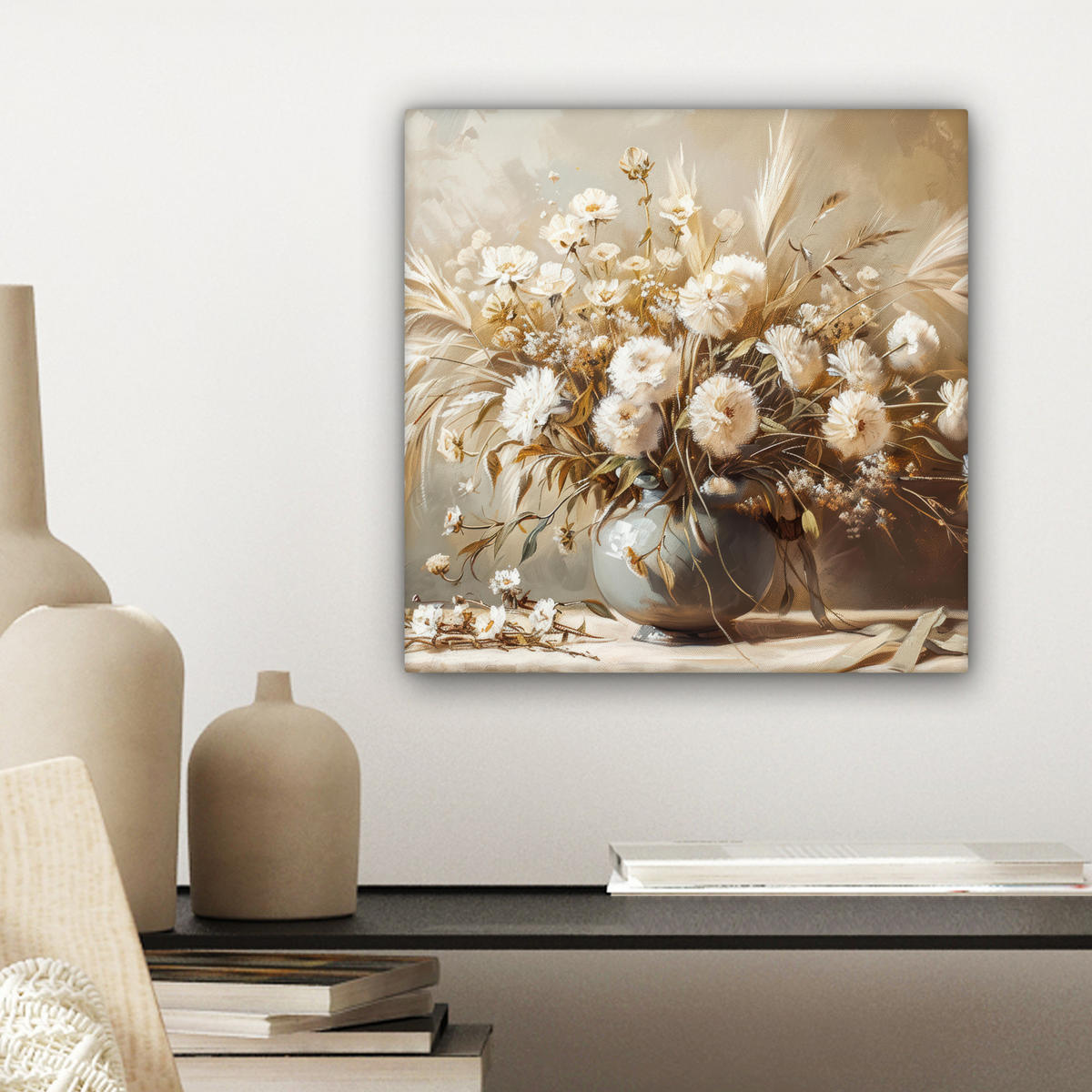 LEINWANDBILD Blumen - Vase - Stilleben - Beige Deko Wohnzimmer 20x20 cm - Creme, Textil (20/20cm) - MuchoWow