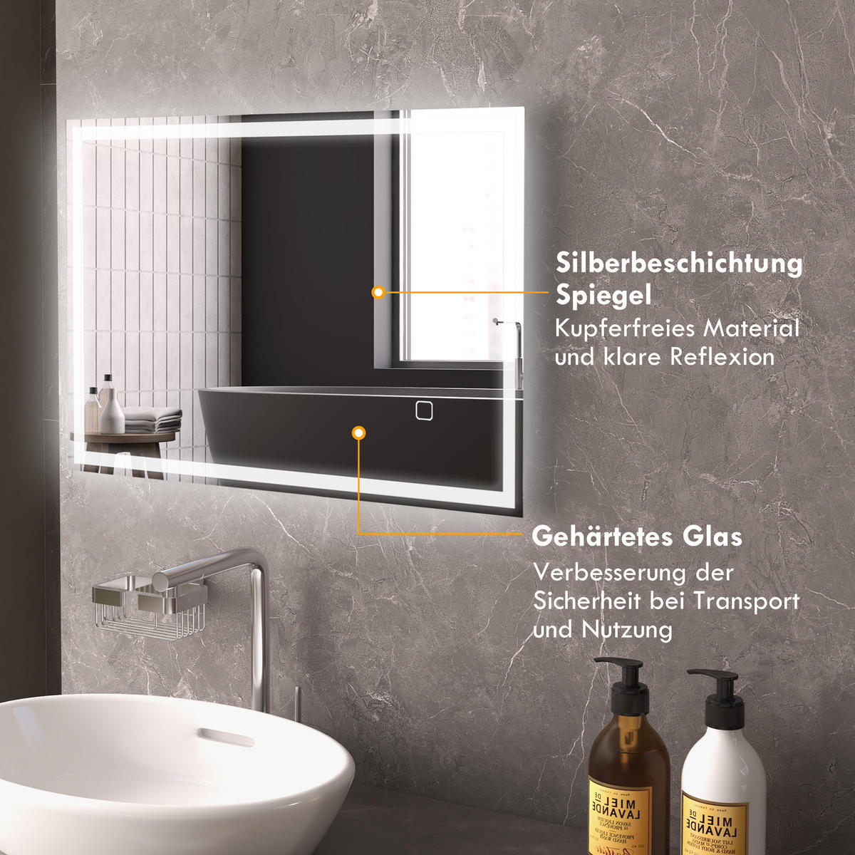 BADSPIEGEL, mit LED-Leuchte, 70 x 50 cm, beschlagfrei, mit Touchschalter, IP44 - Silberfarben, Glas (70/4/50cm) - HOMCOM
