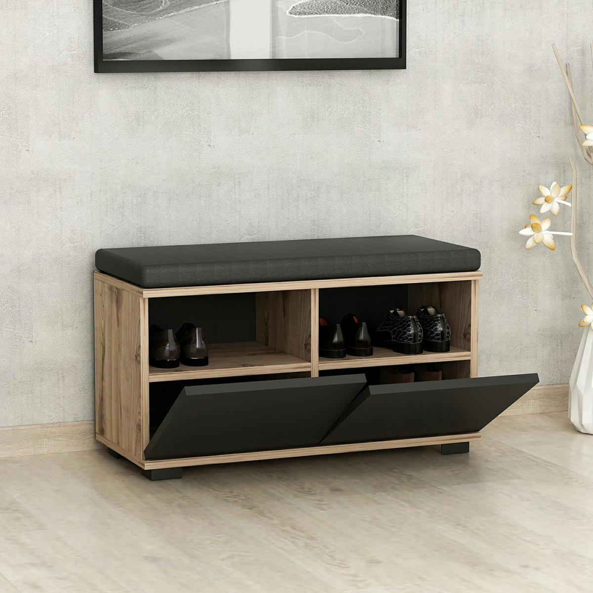 SCHUHBANK Brande - Weiß, Holzwerkstoff/Textil (80/42/35cm) - [en.casa]