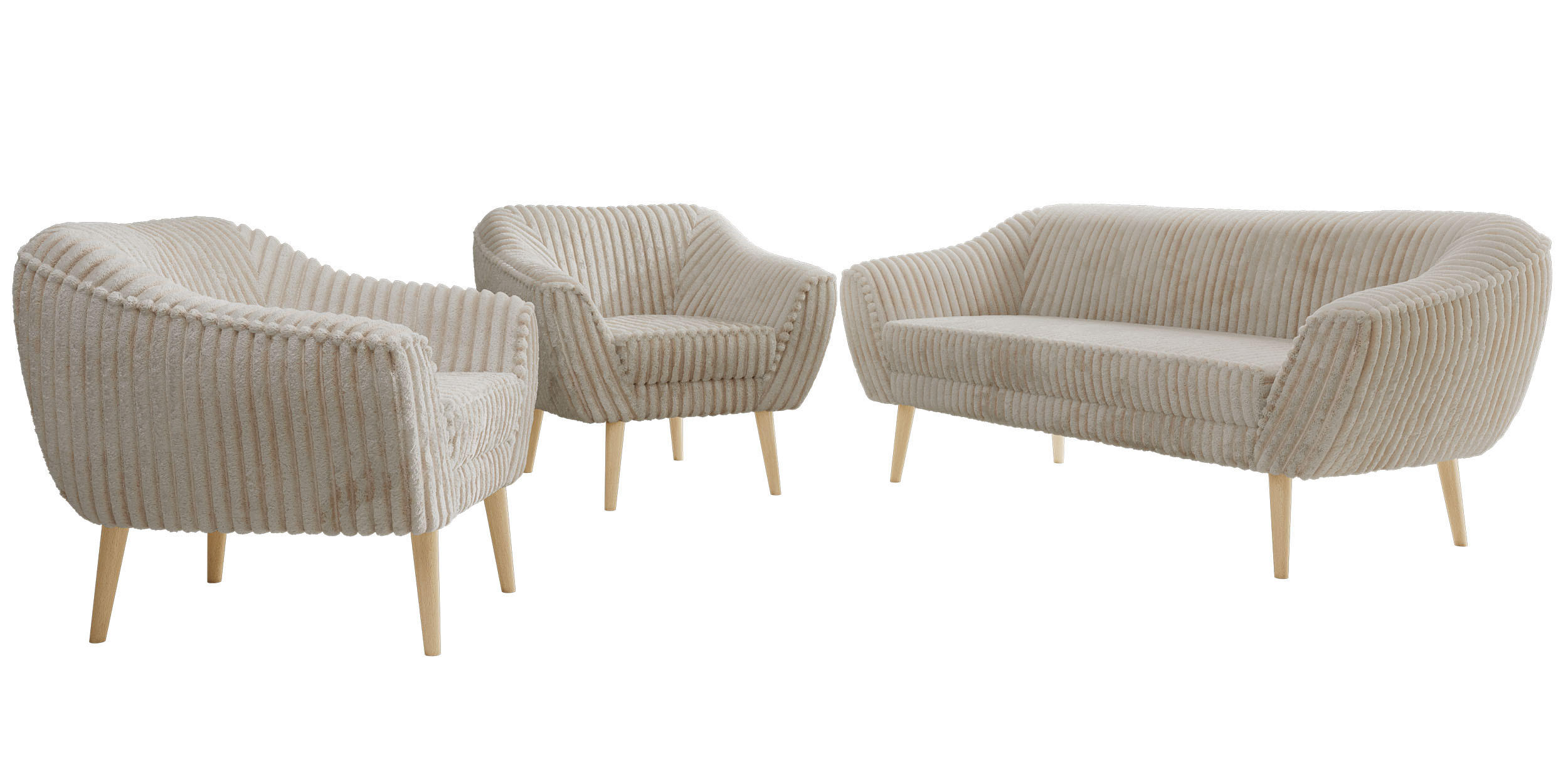 SITZGARNITUR PIRS 3+1+1 - Beige Cord - Holzbeine - Beige/Buchefarben, Holzwerkstoff/Textil (180/75/74cm) - MKS