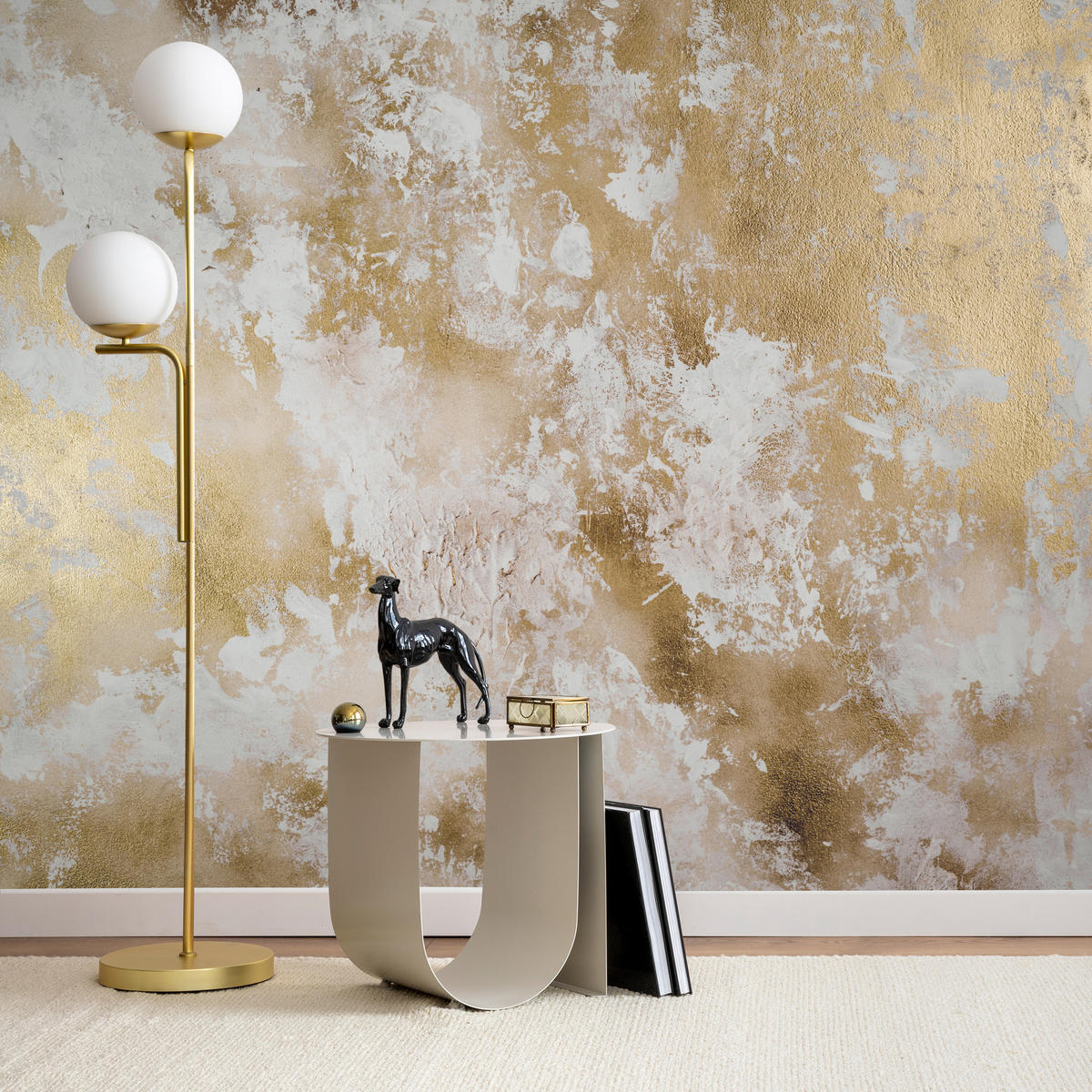 FOTOTAPETE für Wohnzimmer Modern Beton Gold Ornamente 500x350 - Beige/Braun, Papier (500/350cm) - Muralo