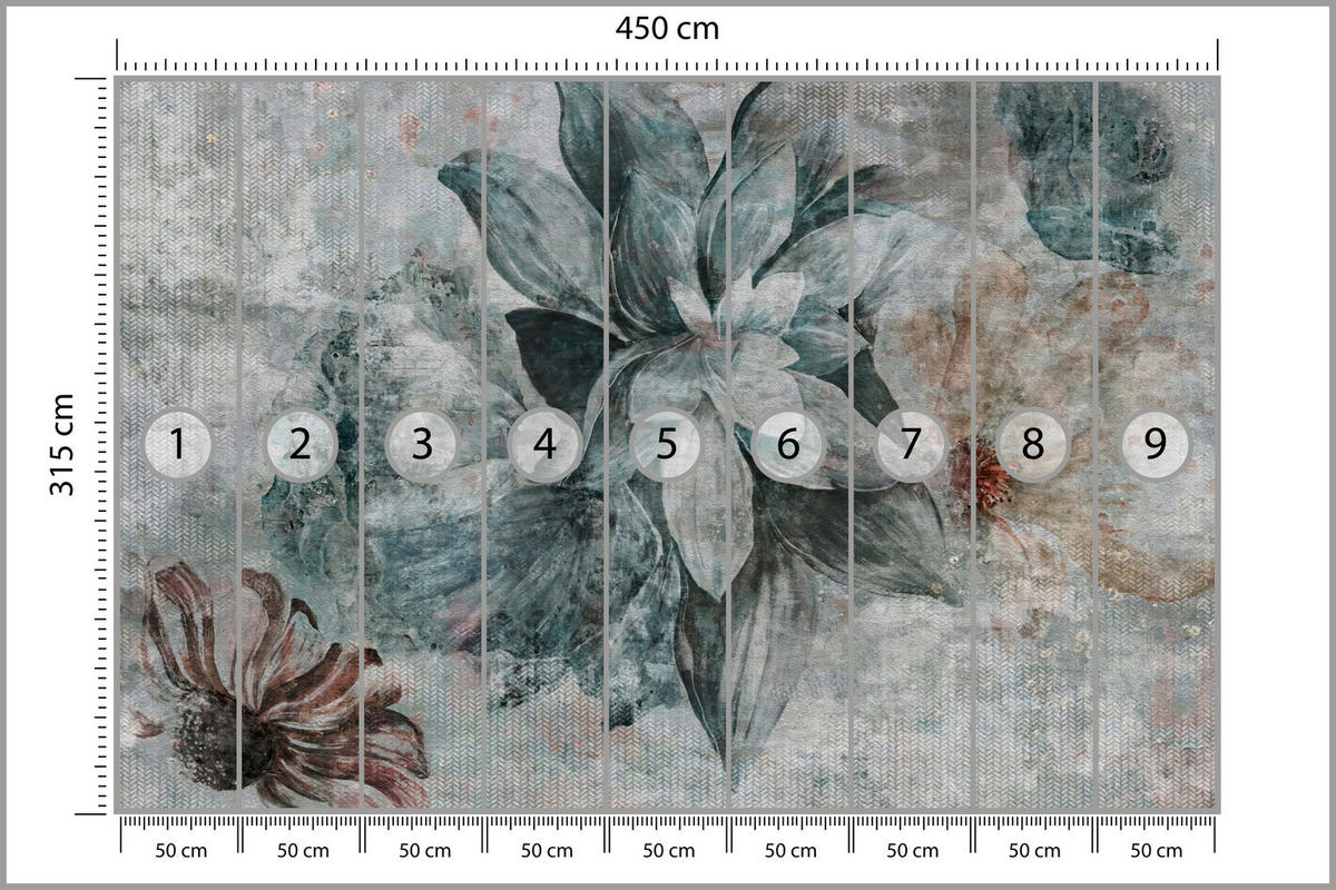 FOTOTAPETE für Schlafzimmer Aquarellblumen Beton Natur Pflanzen 450x315 - Grau, Papier (450/315cm) - Muralo