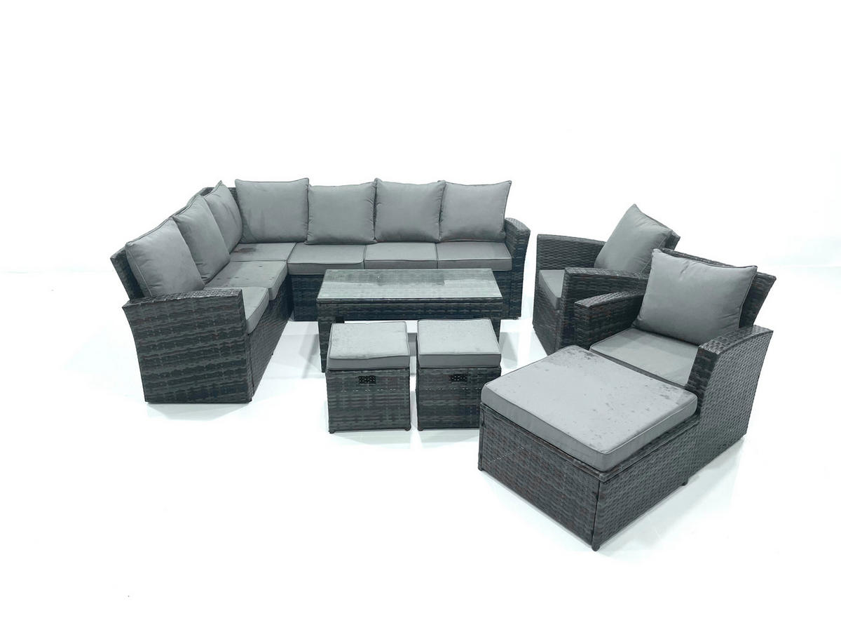 BALKONMÖBEL-SETS mit Ecksofa,Länglicher Couchtisch,4 Hocker Polyrattan Dunkelgrau 11-Sitzer - Dunkelgrau/Grau, Glas/Kunststoff - Fimous