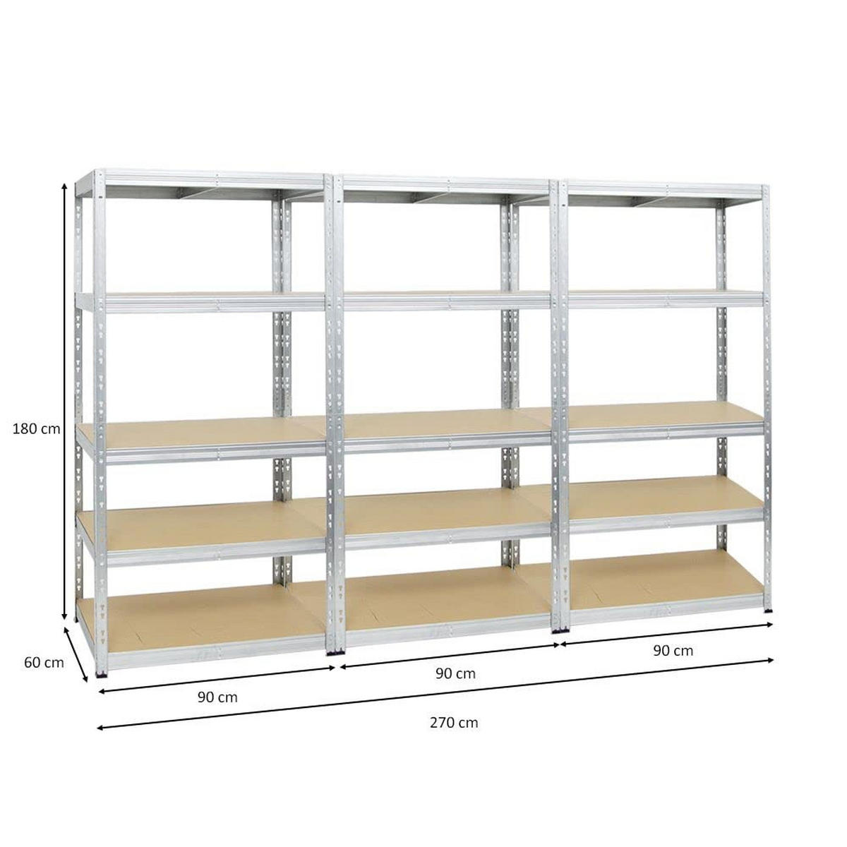 SCHWERLASTREGAL Tiger 3er-Set mit 3x 180x90x60 cm Fachlast 265 kg Verzinkt - Silberfarben, Metall (270/180/60cm) - PROREGAL