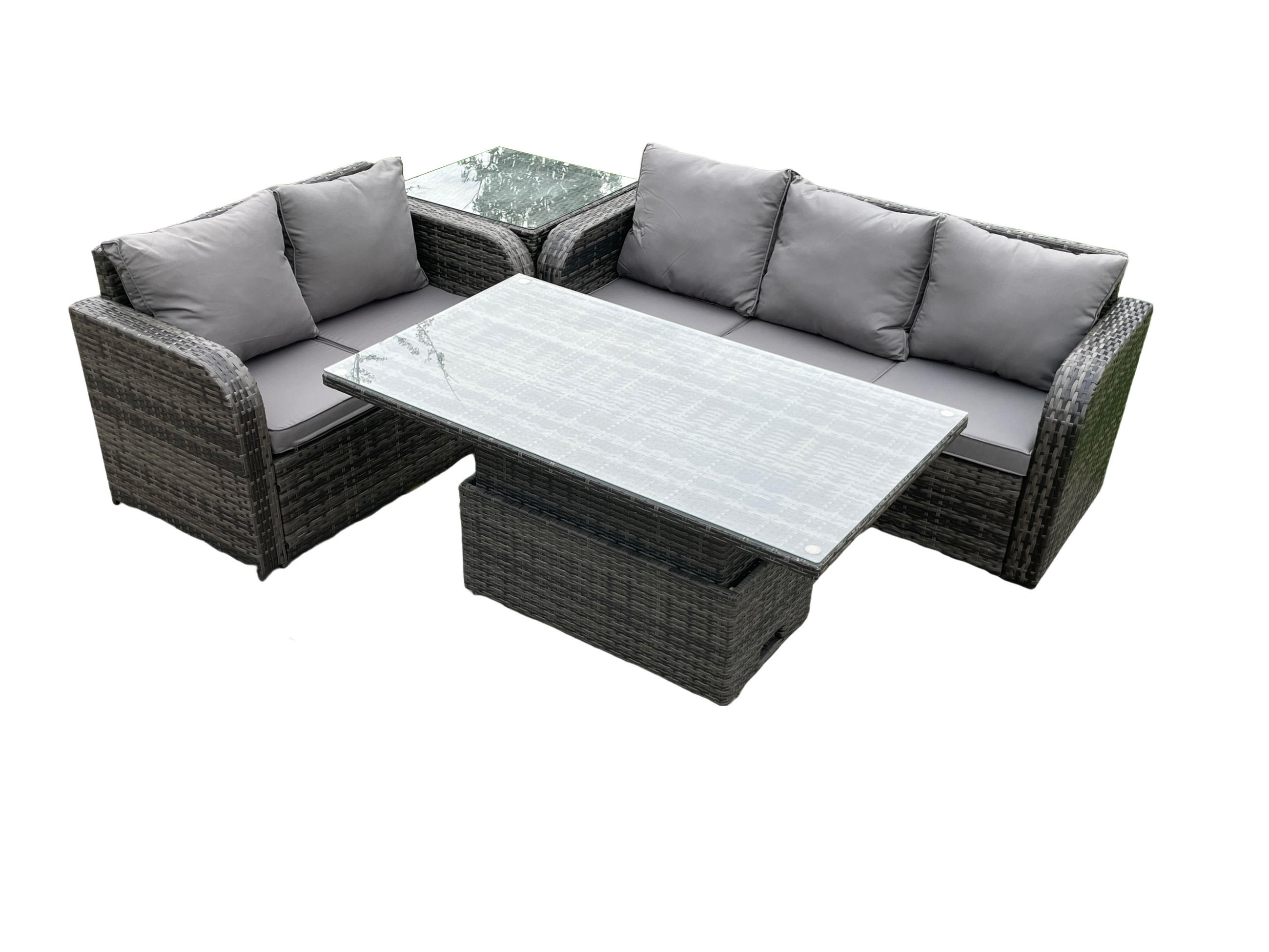GARTENSOFA-SET HÖHENVERSTELLBARER ESSTISCH BEISTELLTISCH Polyrattan 5-Sitzer - Dunkelgrau/Grau, Glas/Kunststoff - Fimous