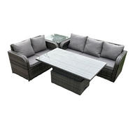 GARTENSOFA-SET HÖHENVERSTELLBARER ESSTISCH BEISTELLTISCH Polyrattan 5-Sitzer - Dunkelgrau/Grau, Glas/Kunststoff - Fimous