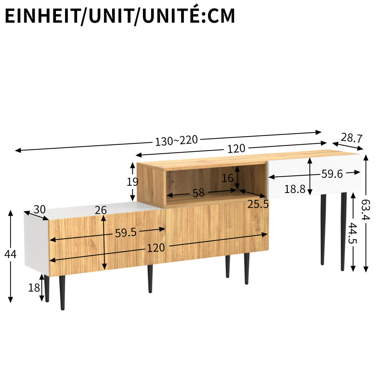 TV-SCHRANK aus MDF und Spanplatte 120+120x30x63,5 cm Weiß/Holzoptik mit Klapptüren - Naturfarben, Holzwerkstoff (220/63.5/30cm) - IVMEU