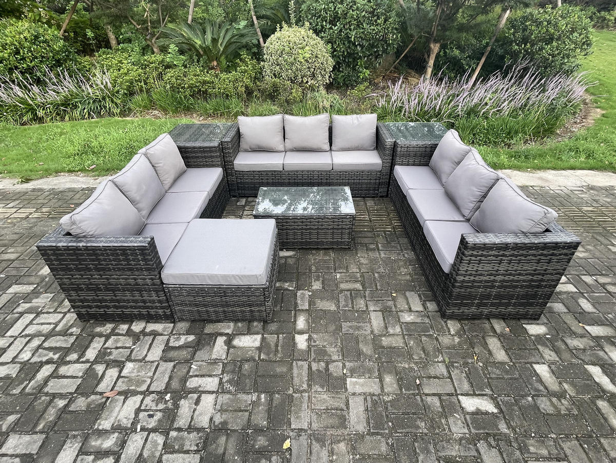 GARTENSET mit Beistelltisch Polyrattan 10-Sitzer - Dunkelgrau, Metall - Fimous