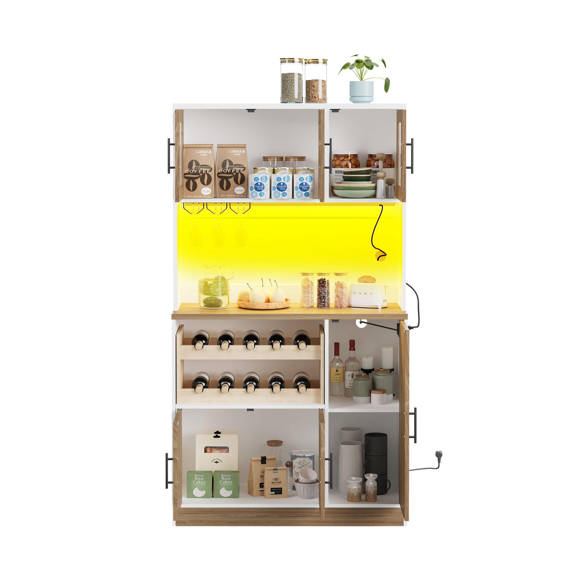 BUFFET aus MDF 100x40x180 cm Weiß/Natur mit LED-Beleuchtung, Steckdosenleiste und Weinregal - Weiß, Holzwerkstoff (100/180/40cm) - Modfu