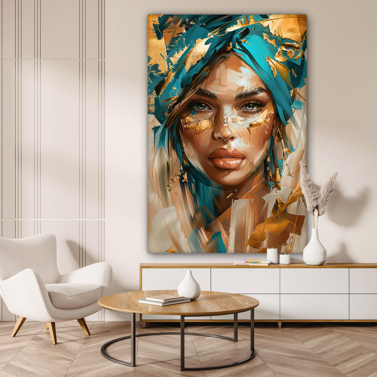 LEINWANDBILD Frau - Porträt - Gold - Luxus - Blau Deko Groß 90x140 cm - Türkis, Textil (90/140cm) - MuchoWow