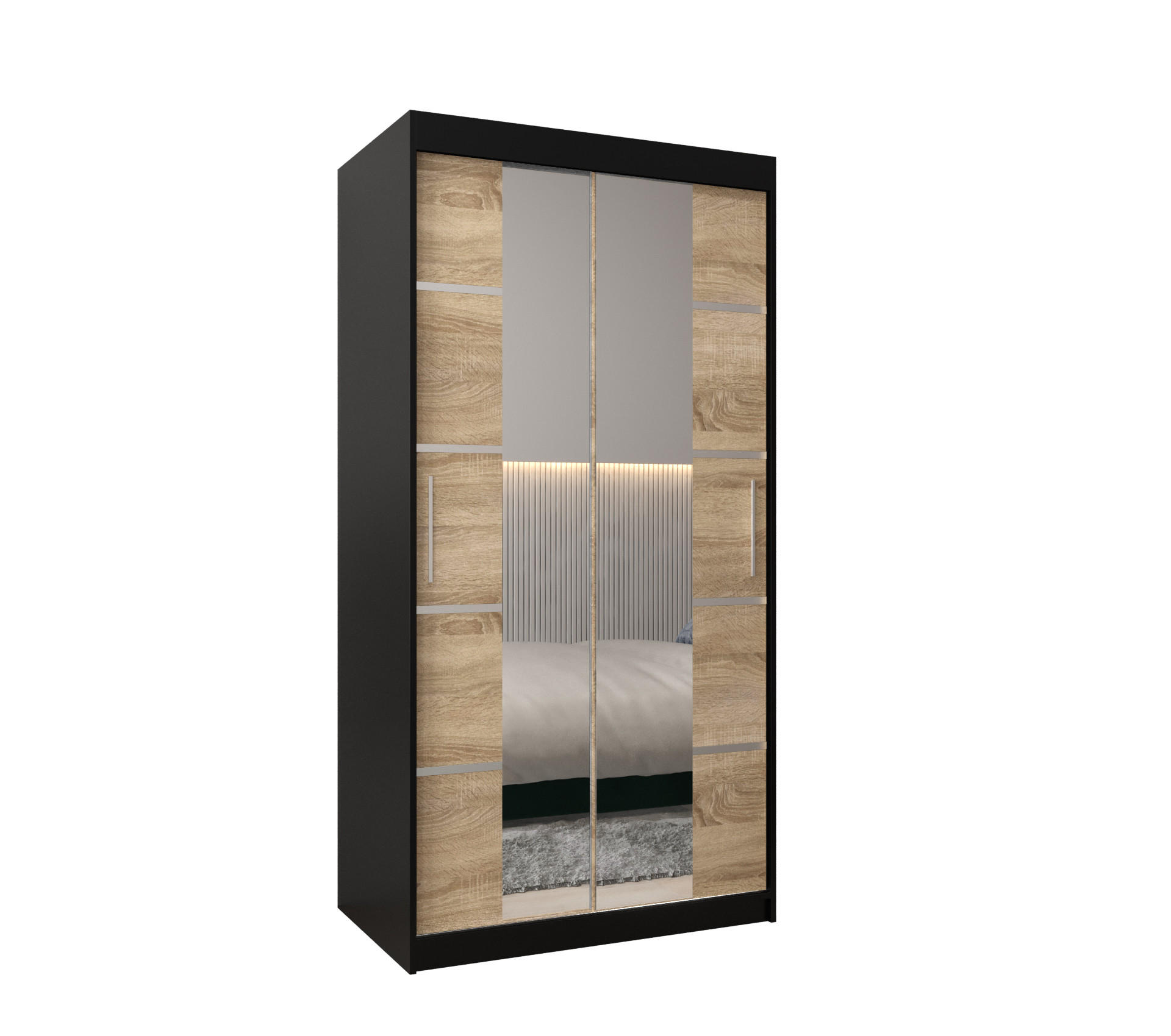 Abiks Möbel Schwebetürenschrank Schwarz, Sonoma Eiche, Silber 100x200x62 cm