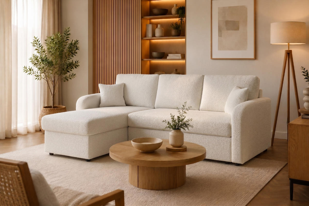 ECKSOFA BOSTON ecru mit Schlaffunktion und Bettkasten - Ecru/Schwarz, Kunststoff/Textil (227/145cm) - KS Home Concept