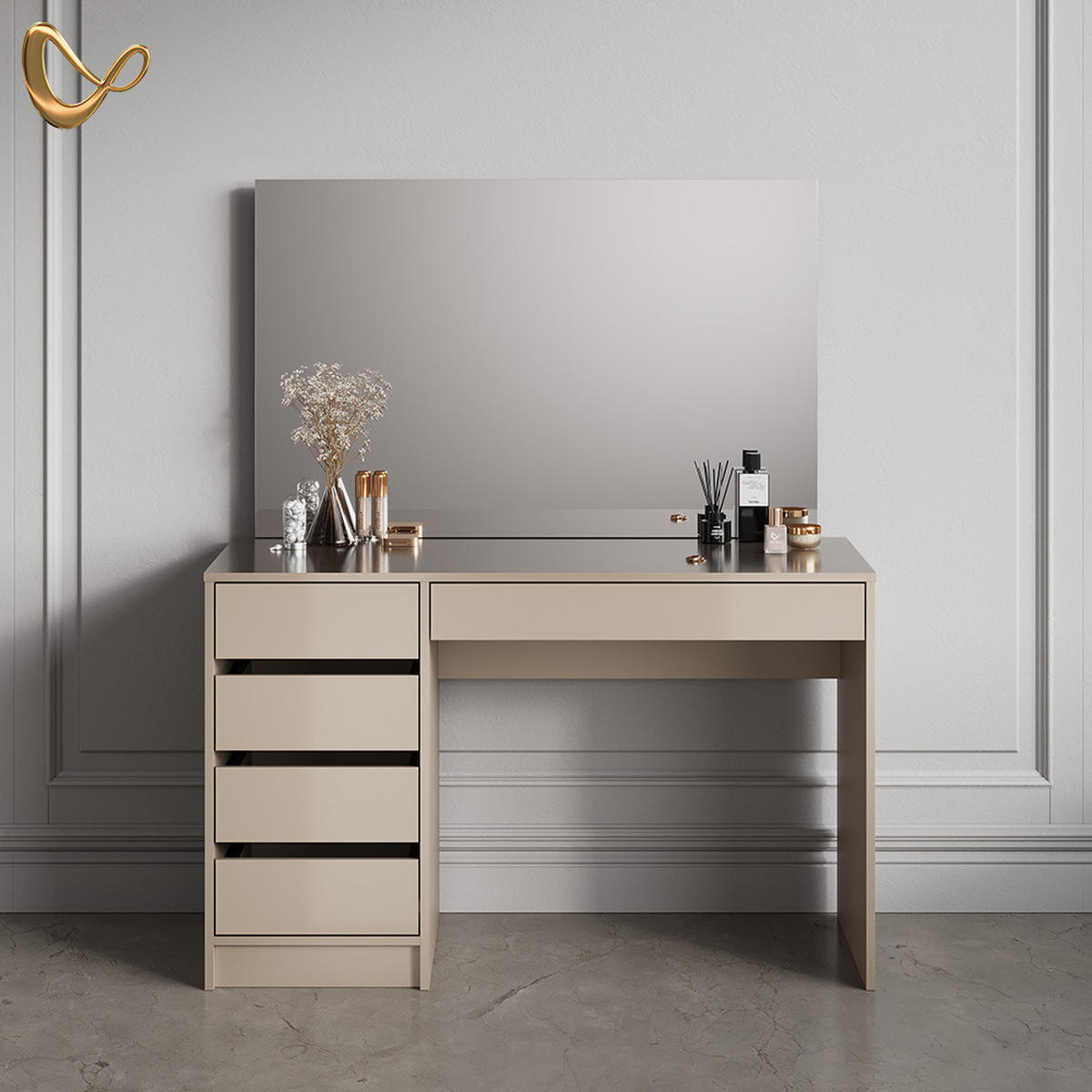 SCHMINKTISCH Imola Greige 120 cm mit Spiegel - Greige, Holzwerkstoff (120/75/55cm) - Livinity®