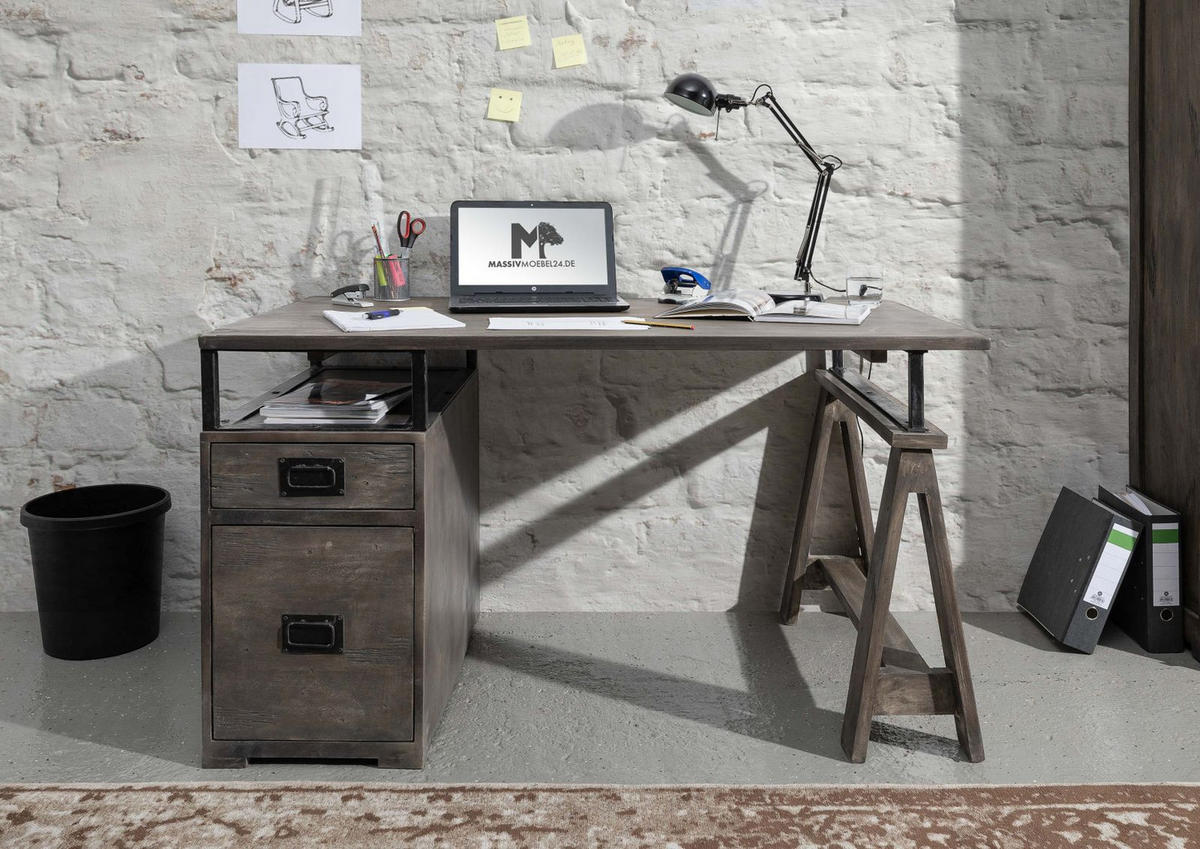 SCHREIBTISCH Mango 140x78x80 grau lackiert RAILWAY #229 - Grau, Holz (78/140/80cm) - Massivmoebel24