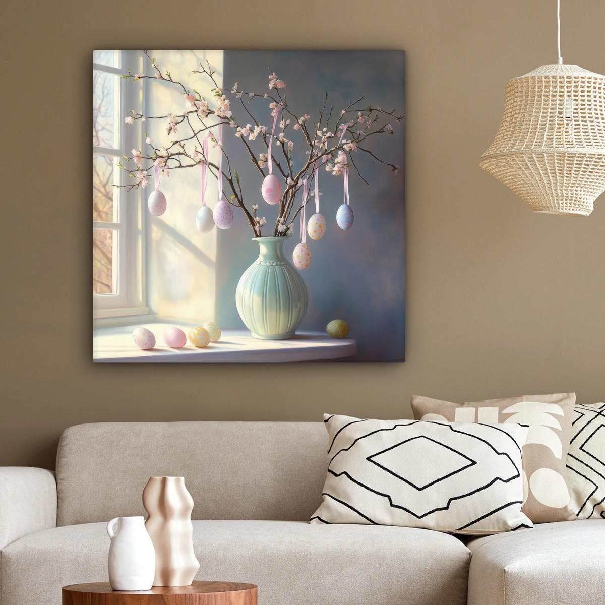 LEINWANDBILD Stillleben - Vase - Osterzweig Deko Groß 90x90 cm - Hellblau, Textil (90/90cm) - MuchoWow