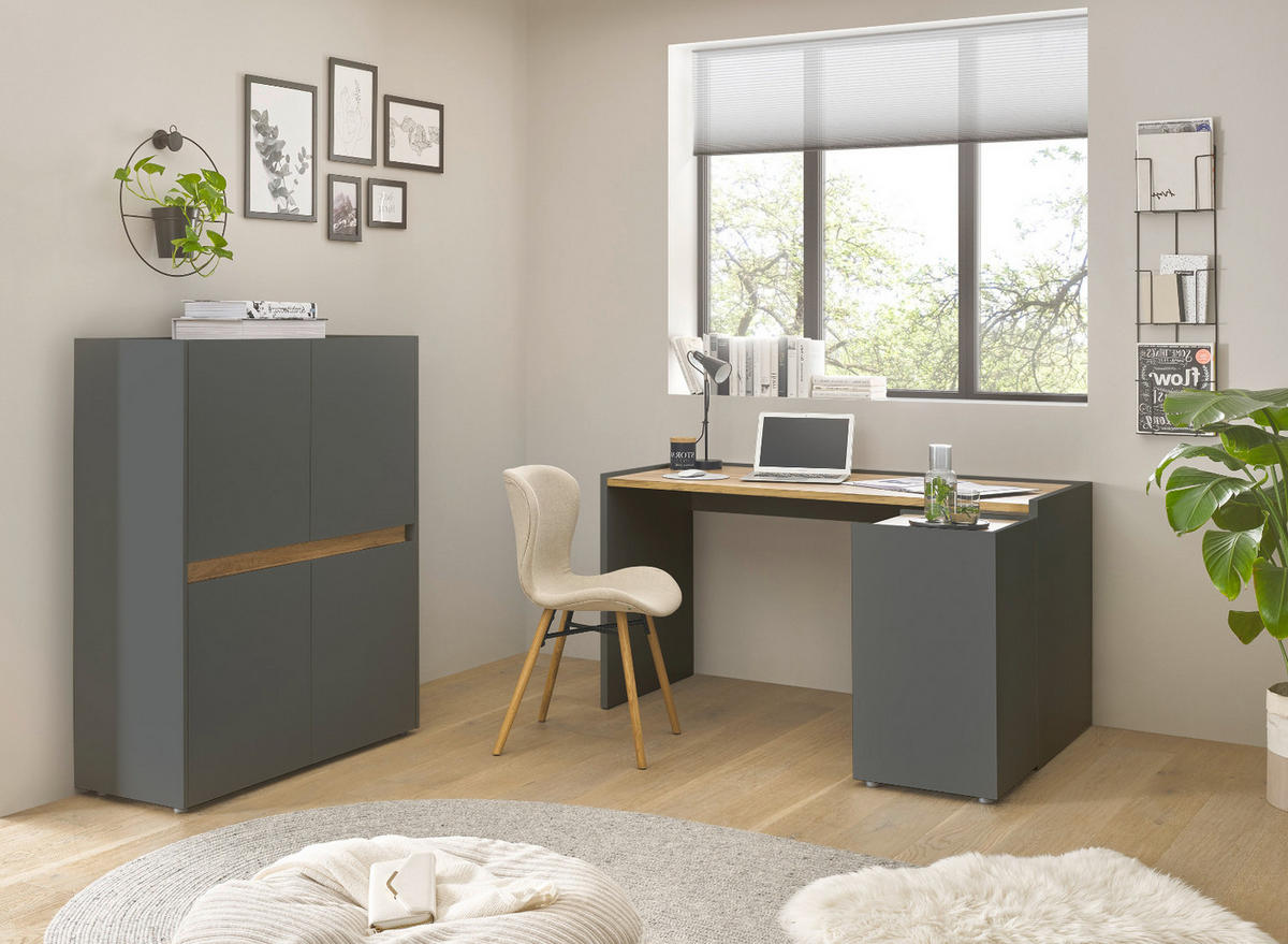 SCHREIBTISCHKOMBINATION 2-teilig grau matt, Eiche Wotan 143 cm, Büromöbel Set mit Bürocontainer - Eiche Wotan/Schwarz, Holzwerkstoff/Kunststoff (62/143/76cm) - Furn.Design